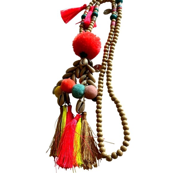 Vibrant Boho Long Tassel Necklace Cowrie Shells Pom Poms Beads Statement - Picture 7 of 9